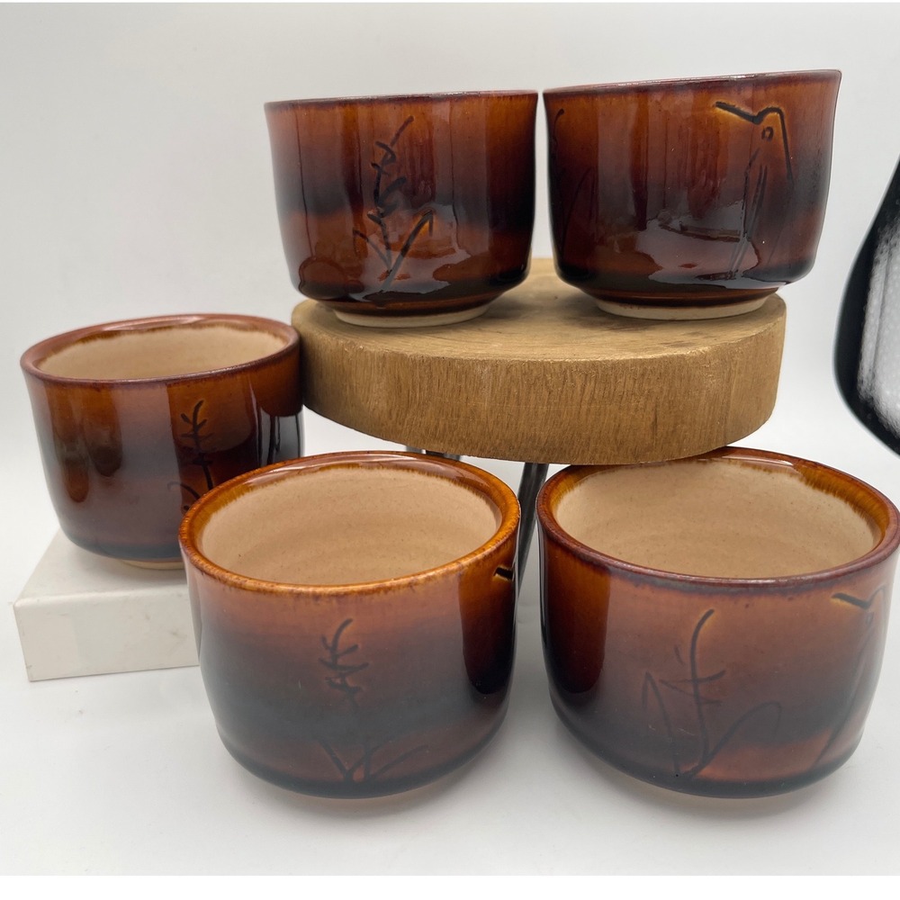 Vtg Yunomi Tea‎ Cup Brown Tenmoku Glaze Stoneware Pottery  Botanical Design 5 pc